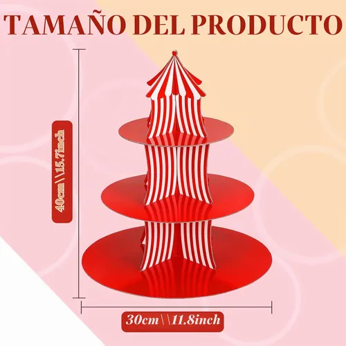 Vista 2 de Amyhill - Soporte para cupcakes de carnaval, de 3 niveles, diseño de circo a rayas blancas y rojas