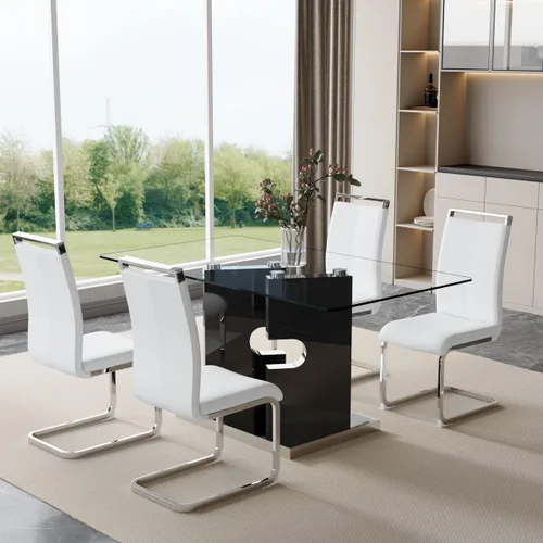 Vista 26 de Juego de 4 mesas de comedor de cristal, juego de mesa de comedor de Mesa negra+silla negra