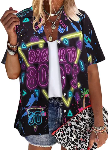 Vista 2 de MYHALF Traje de los años 80 para mujer, camisas de neón de los años 80, trajes de fiesta temática de los años 80 y 90, trajes retro de manga corta