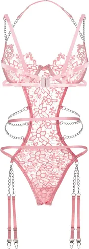 Vista 2 de Conjunto de lencería de encaje con correa de peluche para mujer, body babydoll con liguero, Rosado, SmallMediumLarge
