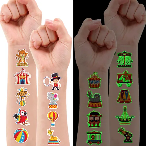 Vista 2 de 96 tatuajes temporales que brillan en la oscuridad para niños - Payaso de circo de carnaval Animal Popcorn Fake Tattoos Luminous Waterproof