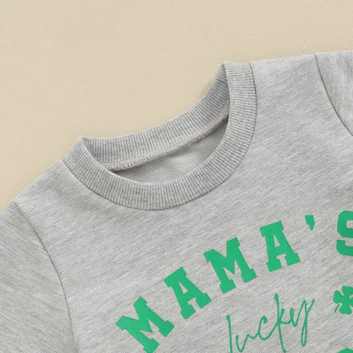Vista 4 de Conjunto de manga larga con cuello redondo y letras para bebé niño, ropa de primavera, Charm de la suerte de las mamás grises