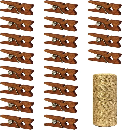 Vista 8 de Mini pinzas de madera con cordel de yute, 250 piezas, pinzas de papel fotográfico de 1 pulgada con cordel natural de 66 pies para álbumes