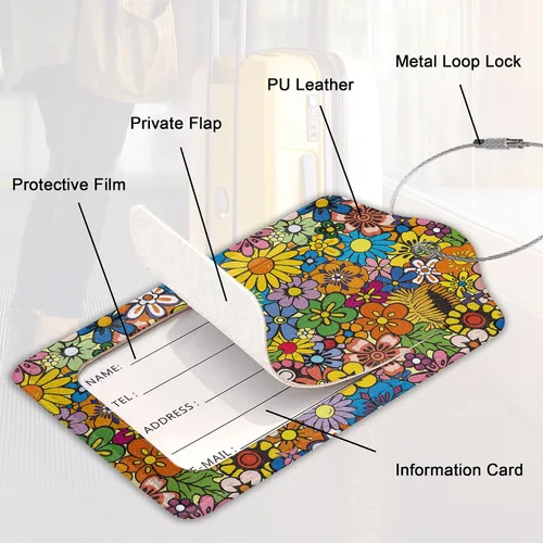 Vista 59 de Juego de 2 etiquetas de cuero para equipaje con diseño de mariposas y loto, cubierta de privacidad, etiqueta de maleta con lazo de acero inoxidable