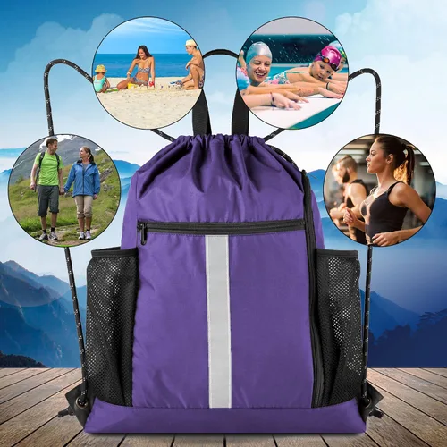 Vista 7 de Mochila con cordón BeeGreen, estilo deportivo, bolsa de gimnasio para mujeres y hombres, tamaño grande con dos bolsillos con cremallera y bolsillos