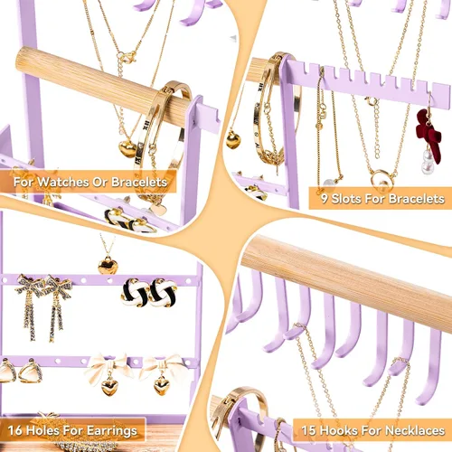 Vista 5 de Soporte organizador de joyas con soporte de terciopelo para anillos, organizador de joyas de 4 niveles con 15 ganchos, organizador de collares