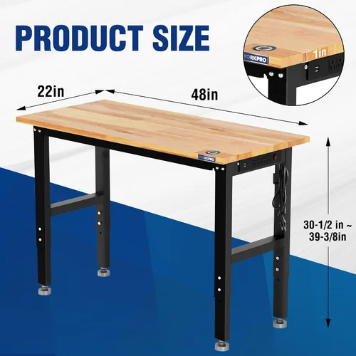 Vista 5 de WORKPRO Banco de trabajo de garaje ajustable, escritorio de trabajo resistente con parte superior de madera de goma de 48 x 22 pulgadas, con tomas