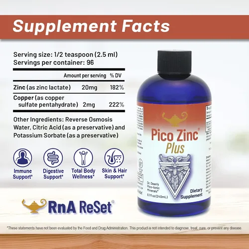 Vista 4 de RnA ReSet Pico Zinc Plus - Suplemento líquido de zinc y cobre, solución mineral pico-iónica, 8.1 onzas líquidas (1 paquete), certificado NSF, apoyo