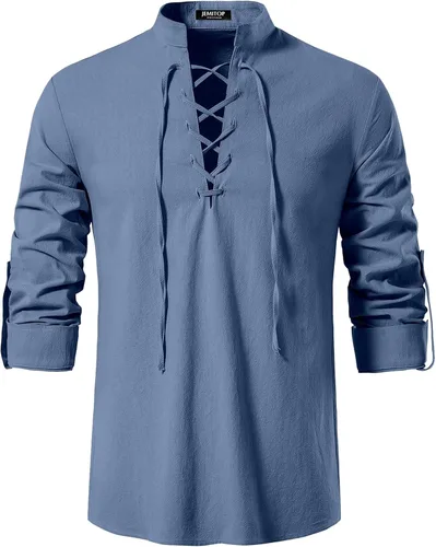 Vista 73 de JEMITOP Men's Pure Cotton Renaissance Lace Up Shirt Verde militar