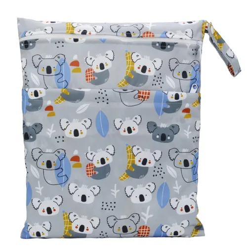 Vista 23 de Wet Bag - Bolsa de pañales de tela para bebé, reutilizable, lavable, con dos bolsillos con cremallera (mapache animal)