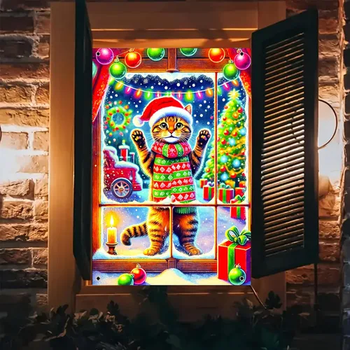Vista 9 de BlissYard Cubierta de ventana de Navidad de 31 x 47 pulgadas, Papá Noel y reno, escena de nieve de invierno, decoración de vacaciones, fondo festivo