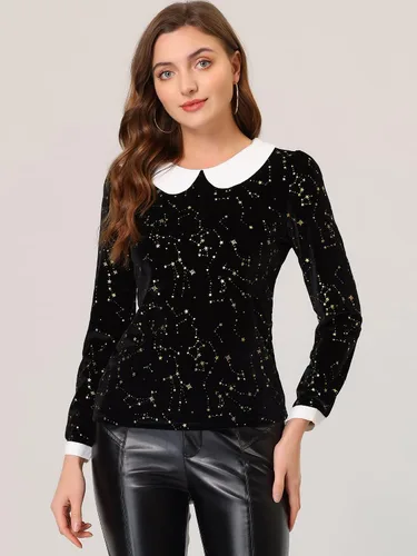 Vista 3 de Allegra K Blusa de terciopelo con cuello Peter Pan de manga larga para mujer