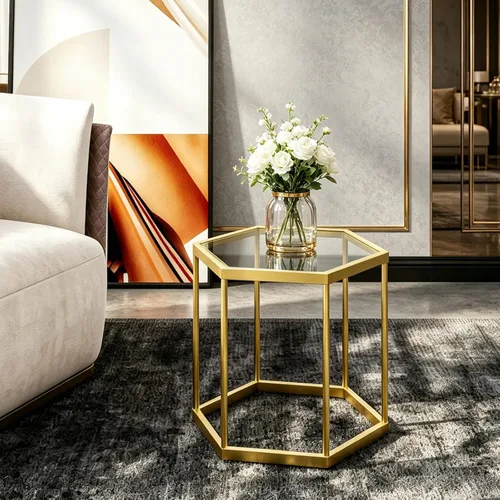 Vista 6 de Mesa auxiliar modular hexagonal, marco chapado en oro, parte superior de vidrio templado, mesa auxiliar geométrica, mesa anidable multiusos