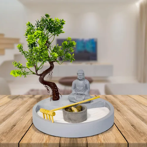 Vista 5 de Portavelas Zen Garden de forma redonda, con una mini estatua de Buda y un árbol bonsái, un arte japonés perfecto para relajación y meditación