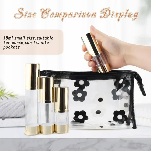 Vista 9 de 4 botellas de plástico transparente sin aire de 0.5 fl oz/0.5 oz con cabeza dorada, vacíos, rellenables, al vacío, cosméticos, almacenamiento