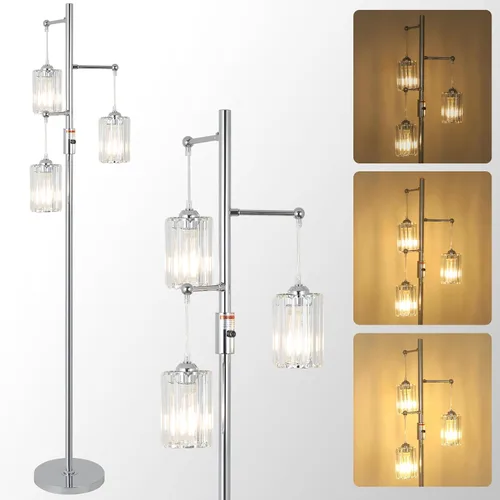 Vista 10 de Lámparas de pie de cristal dorado para sala de estar, 3 luces regulables, lámpara de pie moderna con pantalla de cristal, interruptor de atenuación