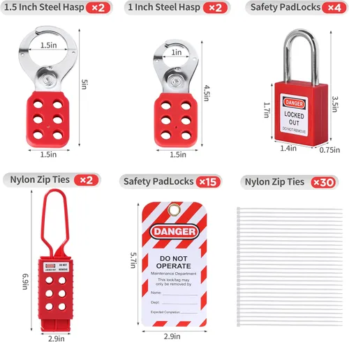 Vista 2 de Kit de etiquetado de bloqueo de 73 piezas que cumple con OSHA, kit de seguridad Loto con candados, cerrojos de bloqueo, etiquetas de loto