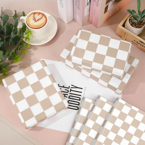 Vista 5 de Whaline 100 hojas de papel de seda a cuadros, papel de regalo de tablero de ajedrez beige y blanco, papel decorativo para cumpleaños, baby shower