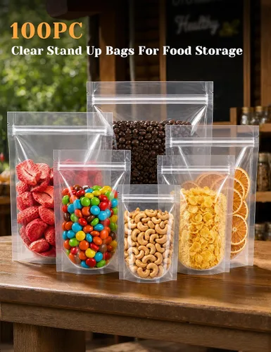 Vista 3 de FireKylin 100 piezas de bolsas resellables, bolsas de pie transparentes de 3.9" x 5.9", bolsas de almacenamiento de alimentos con cremallera