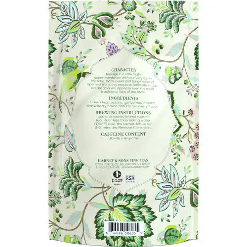 Vista 2 de Harney & Sons Té Matcha Very Berry, bolsa de bolsita de 50 ct Té verde matcha y bancha con sabores a bayas y bayas de goji. Contiene cafeína.
