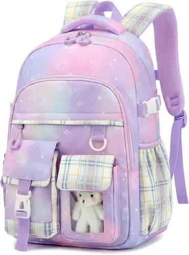 Vista 10 de PRLINJSK Mochila para niñas, mochila escolar linda para niñas, niños y adolescentes, mochila Kawaii para primaria, Negro, Mediana, Mochilas