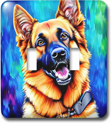 Vista 3 de 3dRose Lovely German Shepherd dog portrait. Blue and green artsy background 2 plug outlet cover