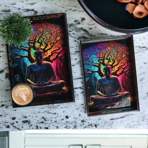 Vista 7 de Crocon Juego de 2 bandejas rectangulares decorativas con estampado esmaltado de Buda, color negro