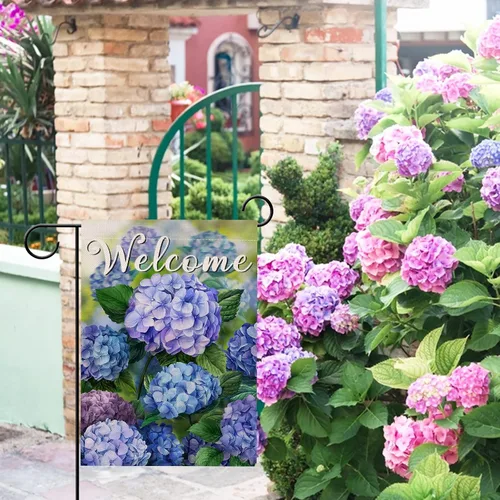 Vista 5 de Hzppyz Bandera de jardín de flores florales de primavera de bienvenida de doble cara, hortensias decorativas para patio al aire libre, decoración