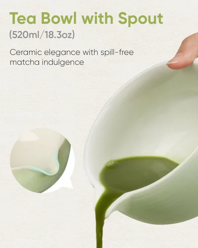 Vista 2 de Joiish Juego de batidor matcha, kit de 5 piezas, tazón de cerámica con asa y soporte, batidor de bambú, tamiz, cuchara, herramientas tradicionales