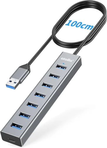 Vista 8 de atolla Hub USB 3.0 de aluminio de 7 puertos con cable de extensión de 3.3 ft, transferencia de datos de alta velocidad de 5 Gbps para MacBook Pro