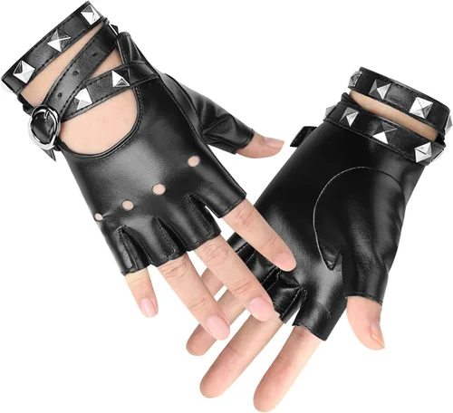 Vista 3 de Accmor Guantes de cuero punk, guantes sin dedos para mujeres, conducción, ciclismo, deportes, cosplay, rendimiento, guantes de medio dedo