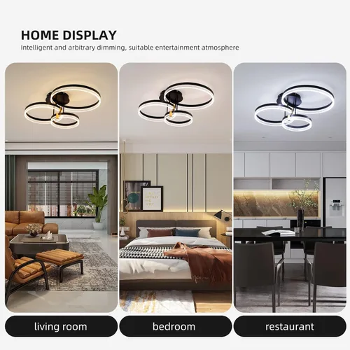 Vista 5 de Lámpara de techo moderna, 3 anillos LED negros cerca del techo, lámpara de techo acrílica regulable de 56 W, lámpara de techo para sala de estar