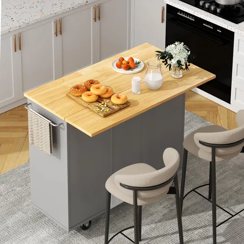 Vista 8 de Shintenchi Isla de cocina con hoja plegable, mesa de isla enrollable con almacenamiento, armario de cocina con ruedas con área de asiento