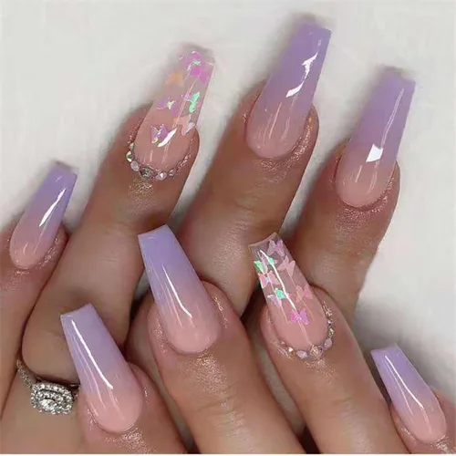 Vista 9 de 24 uñas postizas cuadradas de color negro brillante, de cobertura completa, con diseños de notas musicales, uñas postizas acrílicas con pegamento