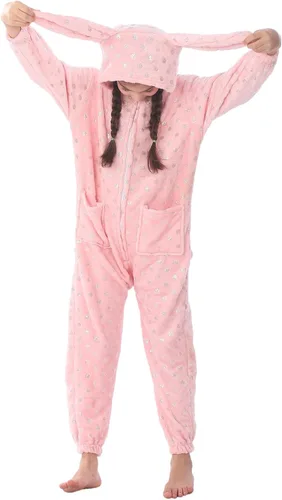 Vista 4 de WOYASIM Disfraz de franela para niños, disfraz de conejo de Pascua con lunares para niñas y niños, lindo conejo rosa