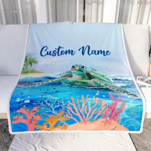 Vista 2 de Manta personalizada con nombre de tortuga para bebé, niño, niña, mar, recién nacido, hijo, hija, nieta, sobrina, cumpleaños, Navidad, manta de forro
