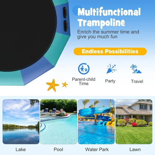 Vista 7 de Giantex Trampolín acuático inflable de 10 pies, 12 pies y 15 pies, trampolín flotante con soplador de 500 W y escalera de cuerda de 3 escalones
