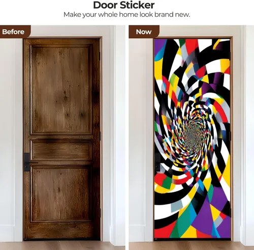 Vista 2 de Calcomanías para puerta, arte de pared 3D con mareos, color blanco y negro, colores primarios, murales, papel tapiz autoadhesivo para puerta, póster