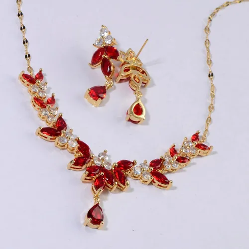 Vista 6 de Juego de joyas de novia para boda Juego de aretes colgantes de hojas colgantes con forma de lágrima y circonita cúbica para mujer, Gema, Circonita
