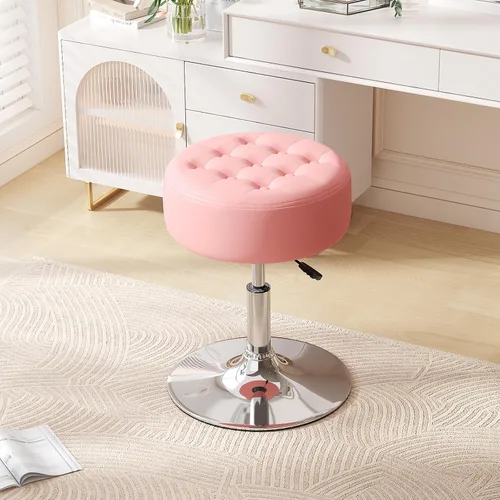 Vista 19 de Furniliving Taburete Otomano de Maquillaje de Terciopelo Acolchado de Mediados de Siglo, Silla Taburete de Tocador Giratoria Redonda Ajustable