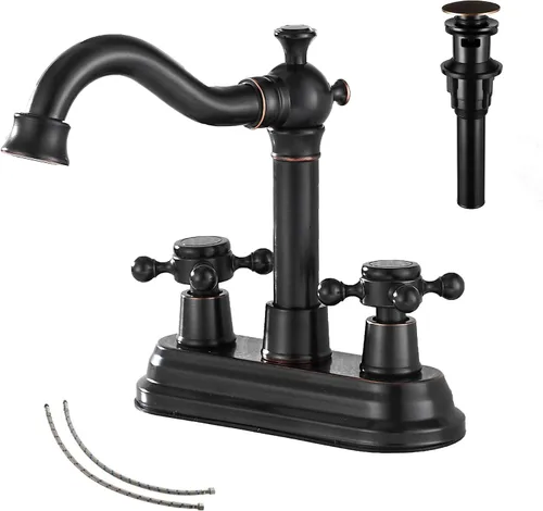 Vista 10 de Grifo de Baño GGStudy de Latón Antiguo de 2 Manijas de 4 Pulgadas Grifo Central de Tocador de Baño con Conjunto de Drenaje y Manguera de Suministro
