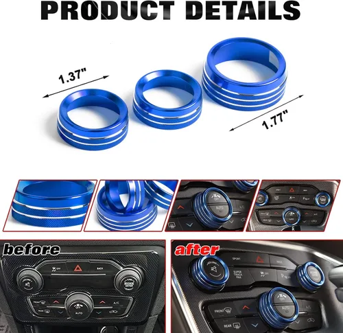Vista 3 de Xotic Tech - 3 piezas de aluminio azul CA para interruptor de volumen de radio climática de control de botón de control compatible con Dodge Charger