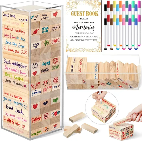 Vista 16 de Beeveer 80 piezas Libro de invitados para boda alternativo en bloque de madera para cartel de boda, decoración de despedida de soltera, 54 piezas