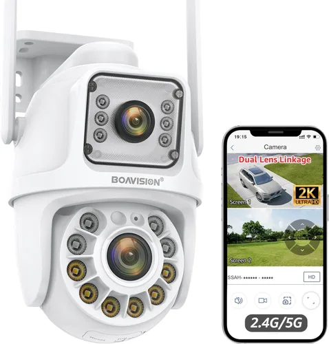 Vista 9 de BOAVISION Paquete de 2 cámaras de seguridad WiFi 2.4G/5G para exteriores, PTZ inalámbrica de lente dual, vista de 360°, seguimiento humano con IA