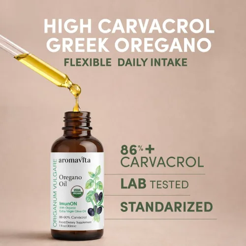 Vista 2 de Gotas de aceite de orégano Carvacrol 86-90% - Aceite de orégano líquido orgánico USDA - Dosificación flexible - Apoyo inmunológico y digestivo
