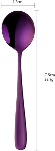 Vista 6 de Baikai Juego de 6 cucharas de sopa, cucharas de caldo de 7 pulgadas, acero inoxidable 18/10 con acabado de acero inoxidable 18/10 (morado)