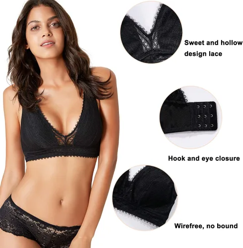 Vista 3 de Rolewpy Bralette de encaje para mujer extraíble acolchado con corte en V profundo sin hilos