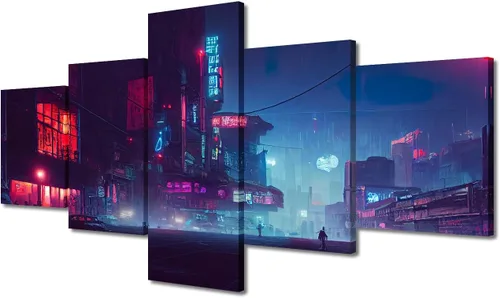 Vista 377 de Cuadros de 5 paneles de Cyberpunk City, arte de pared, representación de vallas publicitarias, edificios modernos en la capital con obras de arte