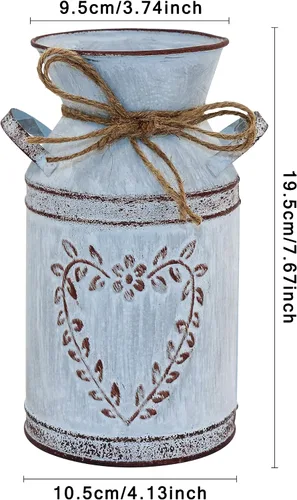 Vista 6 de Jarrón rústico Shabby Chic para flor, acabado galvanizado con asa, jarrón vintage de granja para centros de mesa con forro de agua de 7.7 pulgadas