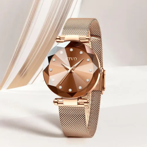 Vista 3 de CIVO Reloj para mujer, resistente al agua, analógico, de cuarzo, correa de malla de oro rosa, elegante, de diseñador, relojes de pulsera para mujer